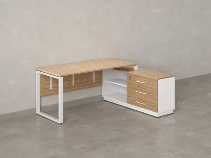 Стол прямой с тумбой R, ЛДСП экран, О-опора 1400x600x750 RM012R-14x6 Вяз Швейцарский светлый/Белый