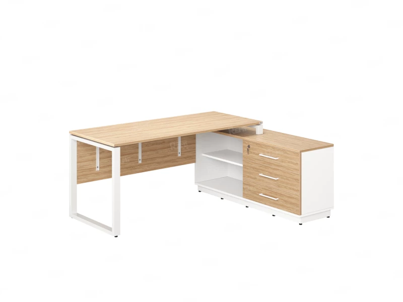 Стол прямой с тумбой R, ЛДСП экран, О-опора 1400x1400x750 RM012R-14x6 Вяз Швейцарский светлый/Белый