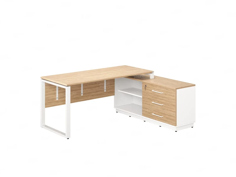 Стол прямой с тумбой R, ЛДСП экран, О-опора 1400x1400x750 RM012R-14x6 Вяз Швейцарский светлый/Белый