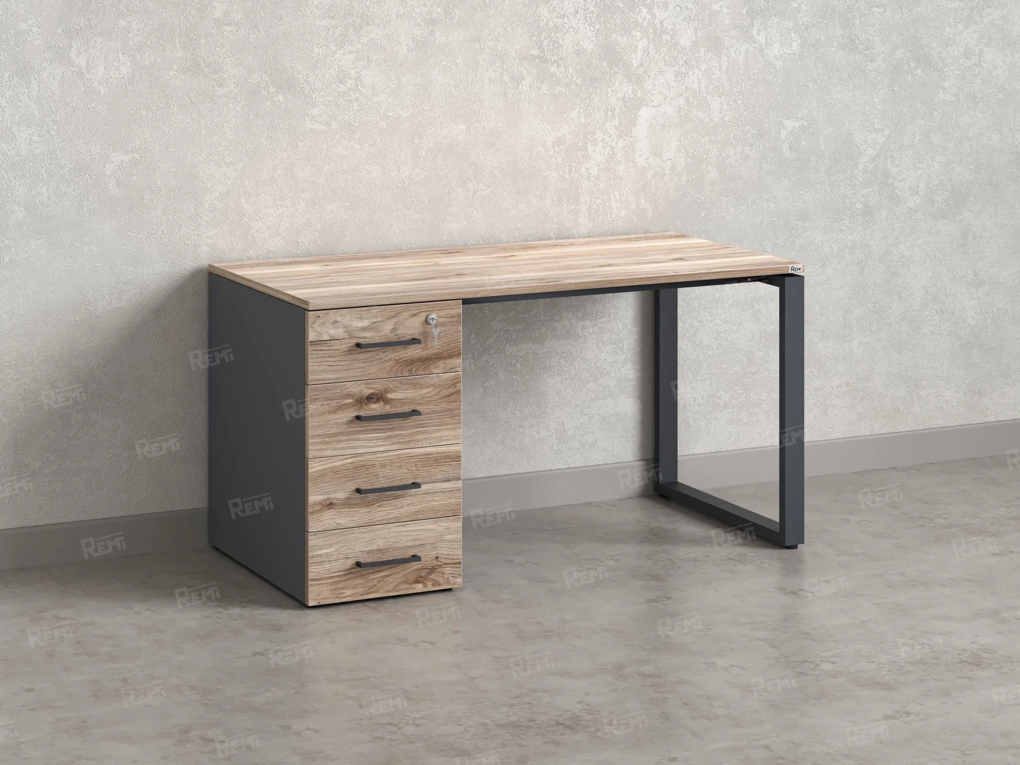 Стол прямой с тумбой на О-образных опоре, левый 1600x700x750 RM104-16x7 Дуб Маувелла/Серый