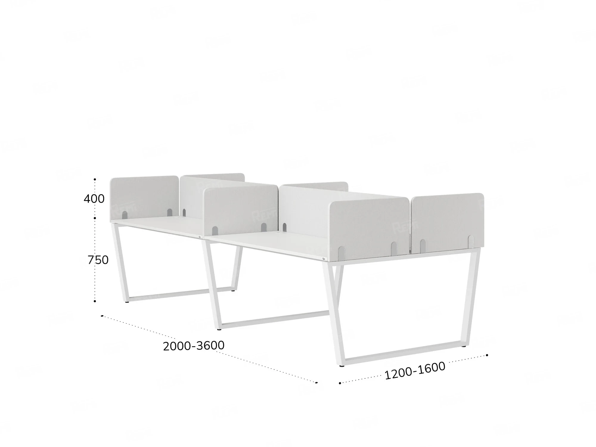 Бенч-система, 4 рабочих места, на U-образных опорах, 8 тканевых экранов 2000x1600x750 RM173-1-10x16 Белый/Белый