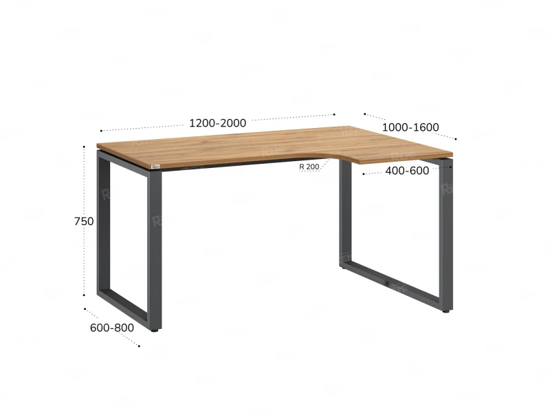 Стол угловой, О-опора, правый 1600x900/1200x750, RM054-16x9-12 Дуб Юстус/Серый