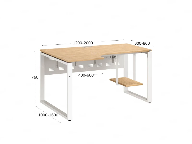 Стол угловой, экран металл, О-опора, левый 1600x700/900x750, RM056-16x7-9 Вяз Швейцарский светлый/Белый