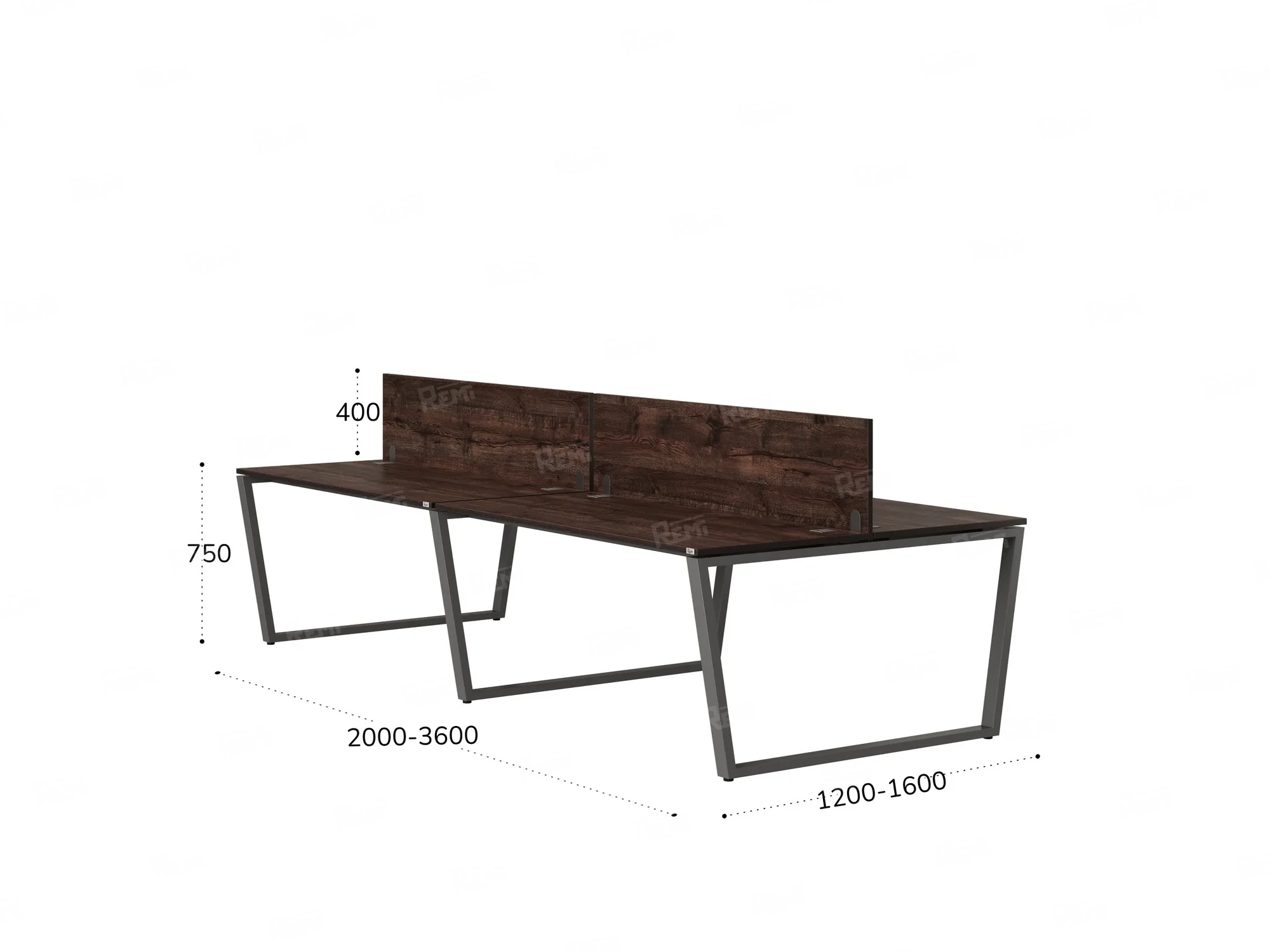 Бенч-система, 4 рабочих места, на U-образных опорах, 2 ЛДСП экранов 3200x1400x750 RM173-4-16x14 Дуб Апрельский шоколад/Серый