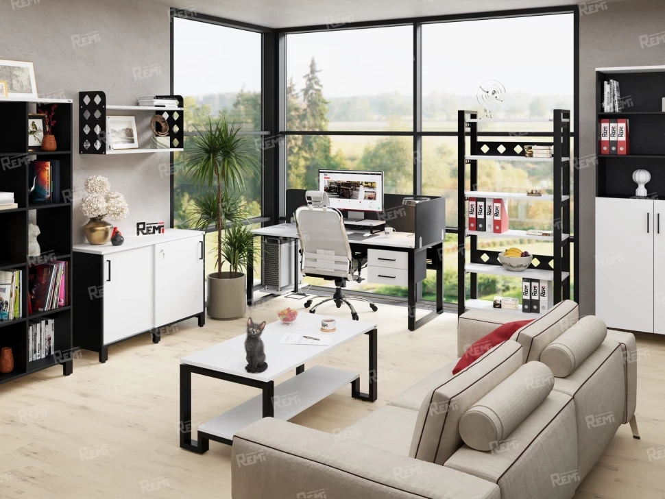 Стол прямой с подвесной тумбой 2 ящика, U-опора 1800x700x750 RM035-18x7 Белый/Черный