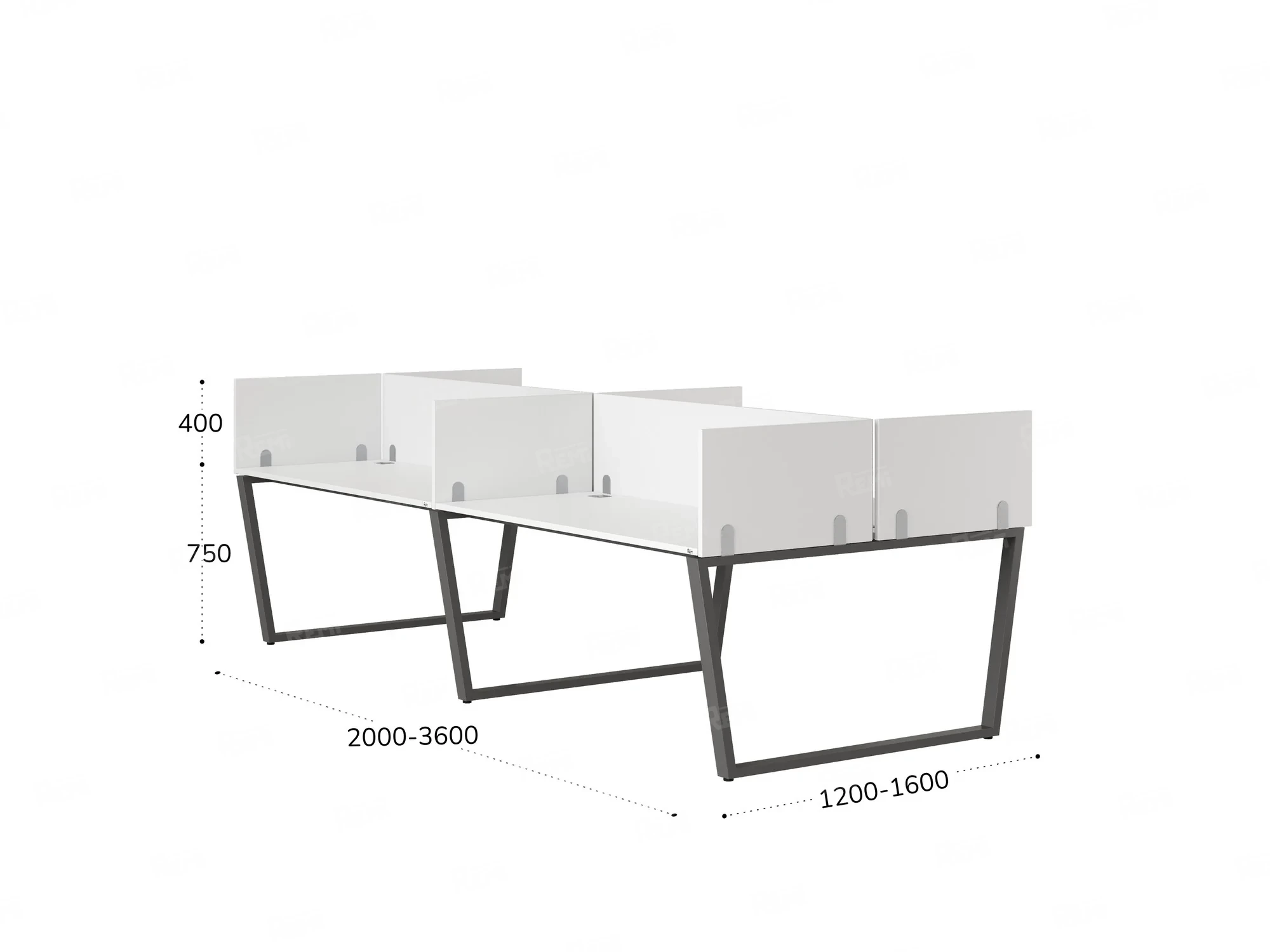 Бенч-система, 4 рабочих места, на U-образных опорах, 8 ЛДСП экранов 2800x1400x750 RM173-2-14x14 Белый/Серый