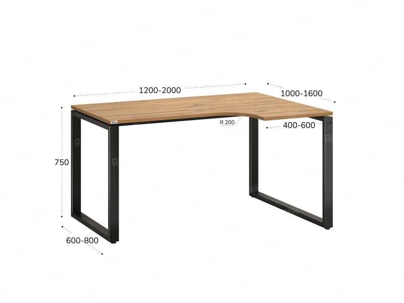Стол угловой, О-опора, правый 1600x900/1200x750, RM054-16x9-12 Дуб Юстус/Черный