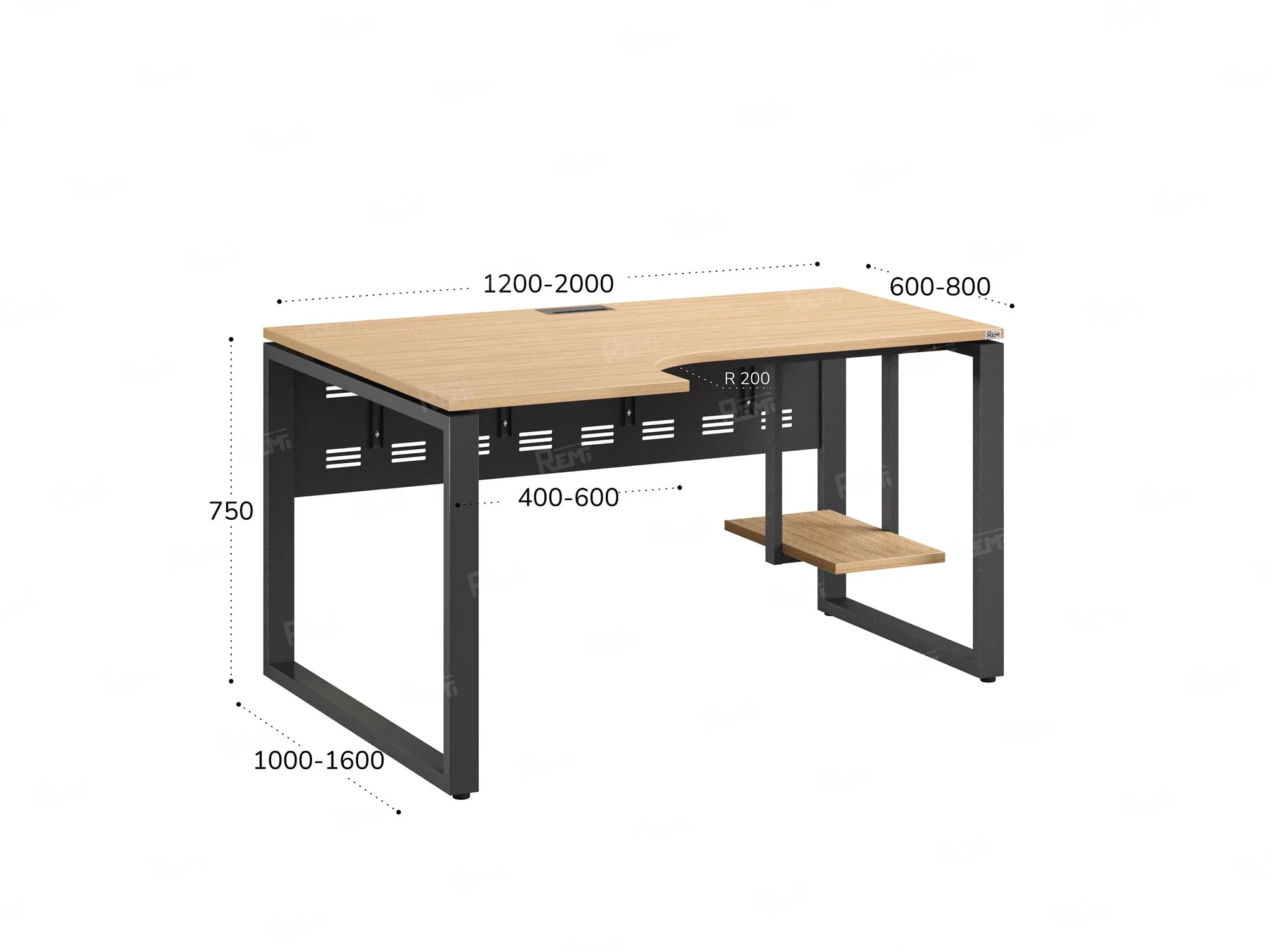 Стол угловой, экран металл, О-опора, левый 1600x700/900x750, RM056-16x7-9 Вяз Швейцарский светлый/Серый