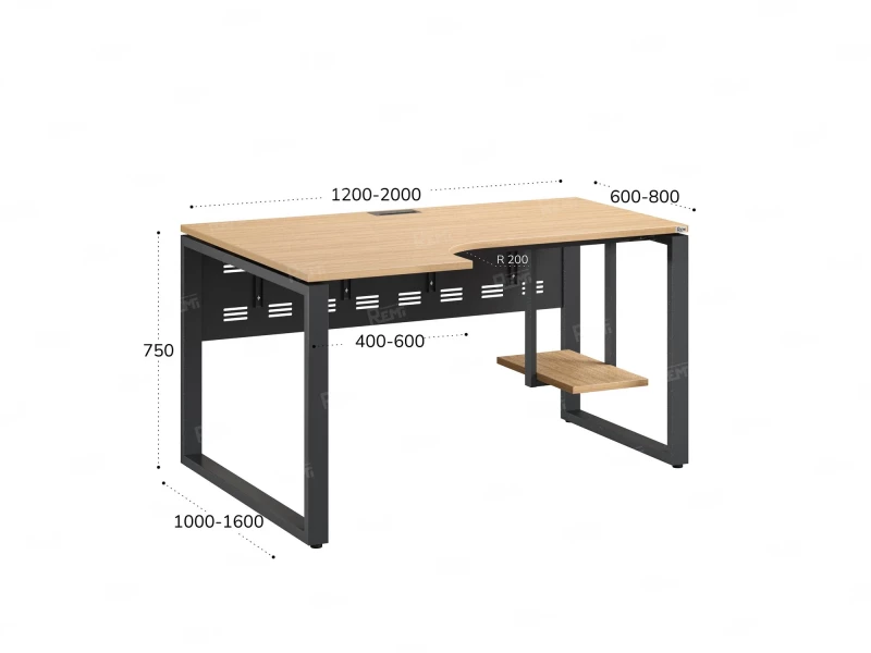 Стол угловой, экран металл, О-опора, левый 1600x700/900x750, RM056-16x7-9 Вяз Швейцарский светлый/Серый