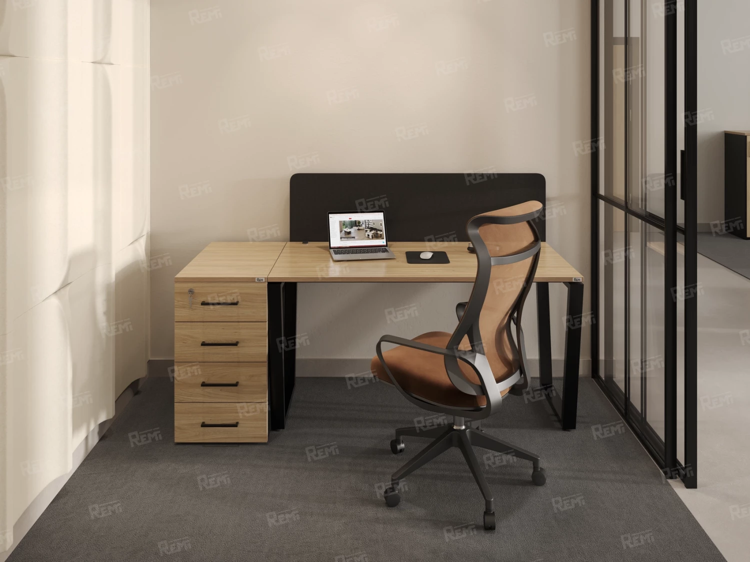 Стол прямой с подвесной тумбой, О-опора 2000x700x750 RM036-20x7 Вяз Швейцарский светлый/Черный