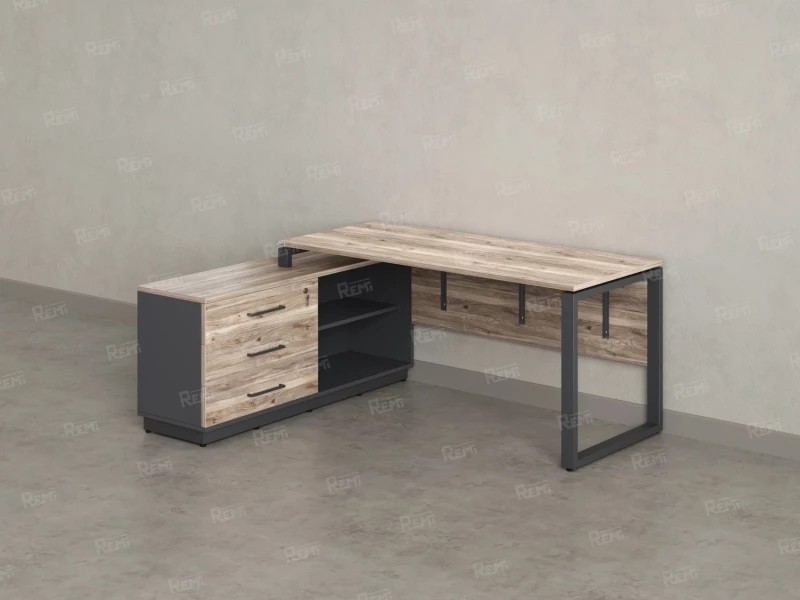 Стол прямой с тумбой L, ЛДСП экран, О-опора 1400x1400x750 RM013L-14x7 Дуб Маувелла/Серый