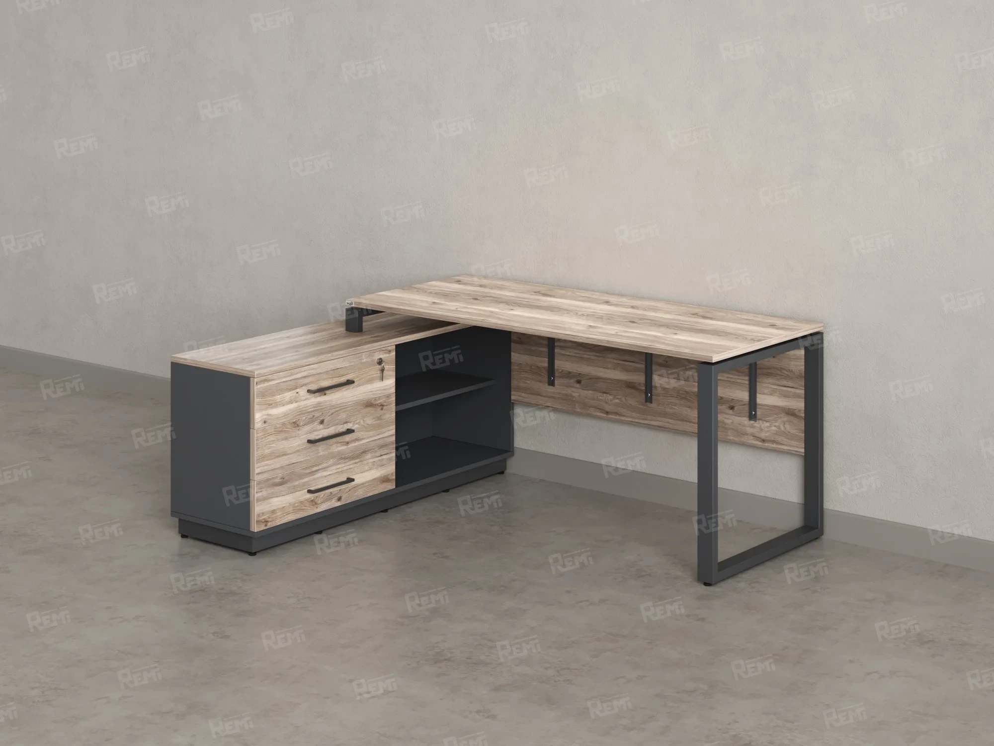 Стол прямой с тумбой L, ЛДСП экран, О-опора 1400x1400x750 RM013L-14x7 Дуб Маувелла/Серый