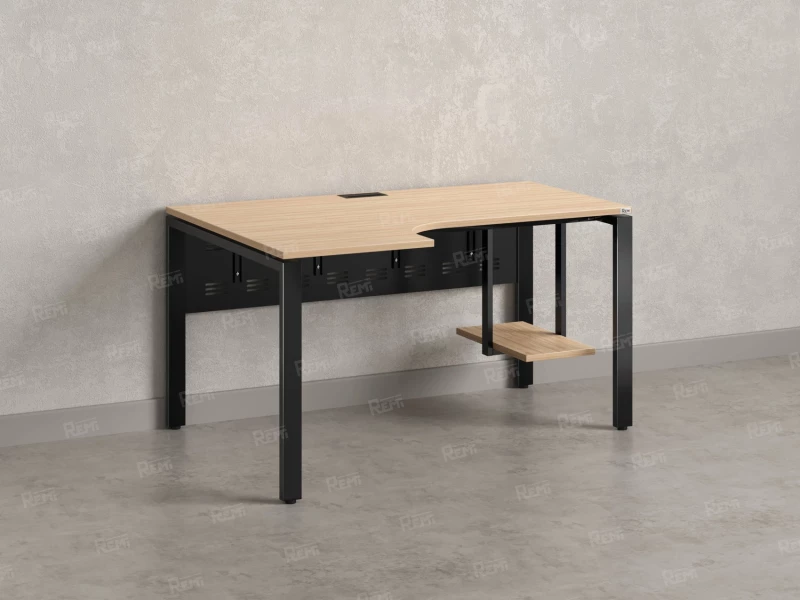 Стол угловой, экран металл, П-опора, левый 1400x700/900x750, RM059-14x7-9 Вяз Швейцарский светлый/Черный