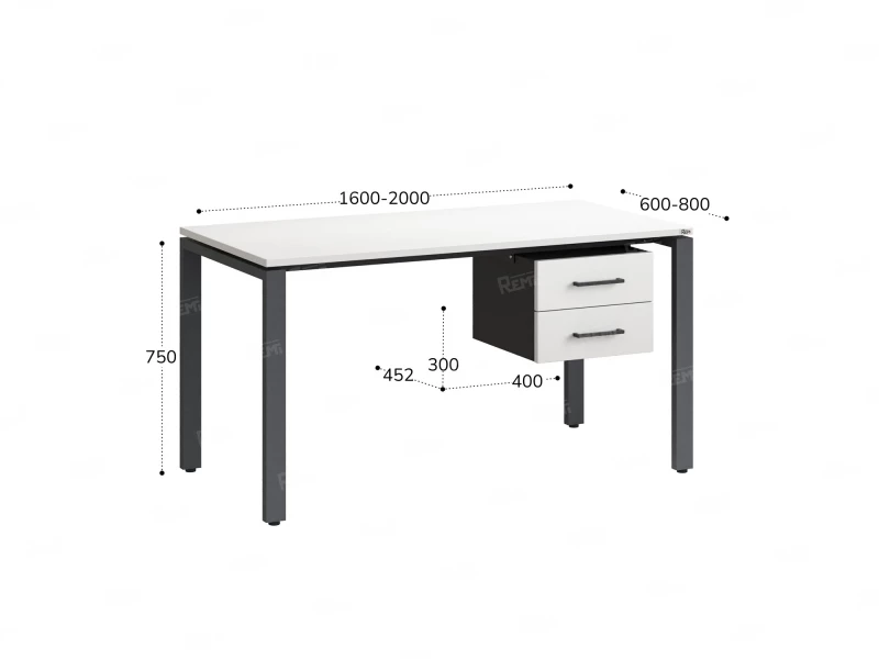 Стол прямой с подвесной тумбой 2 ящика, П-опора 2000x600x750 RM039-20x6 Белый/Серый