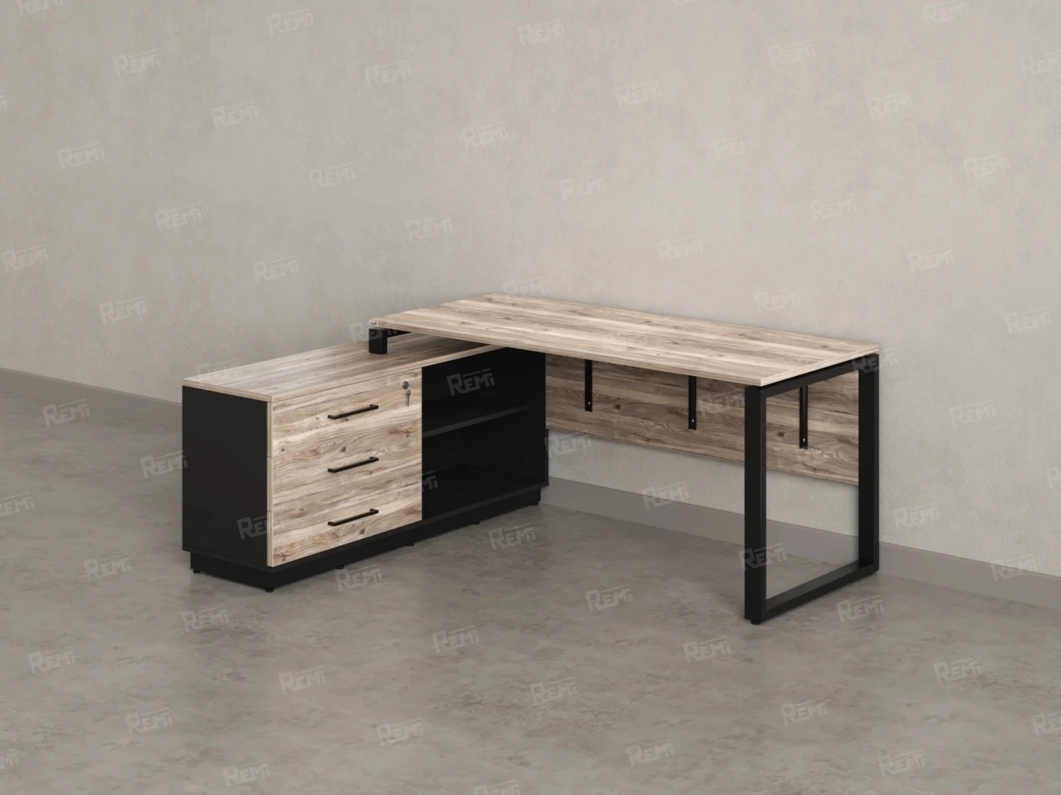 Стол прямой с тумбой L, ЛДСП экран, О-опора 1400x1400x750 RM013L-14x7 Дуб Маувелла/Черный