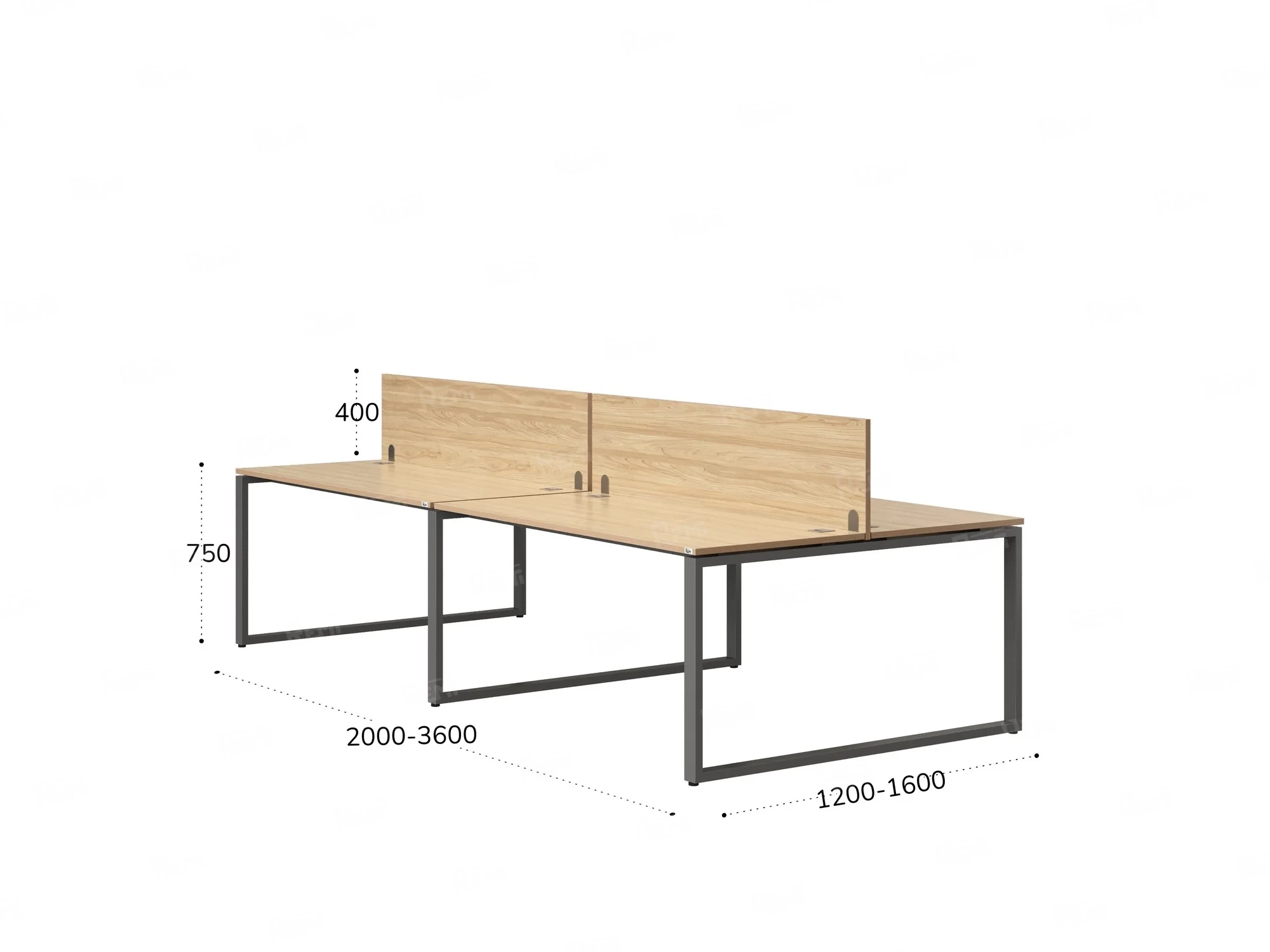 Бенч-система, 4 рабочих места, на О-образных опорах, 2 ЛДСП экранов 2800x1400x750 RM170-4-14x14 Вяз Швейцарский светлый/Серый