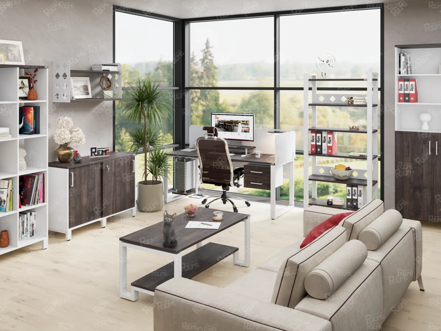 Стол прямой с тумбой R, ЛДСП экран, О-опора 1400x1400x750 RM012R-14x6 Дуб Апрельский шоколад/Белый