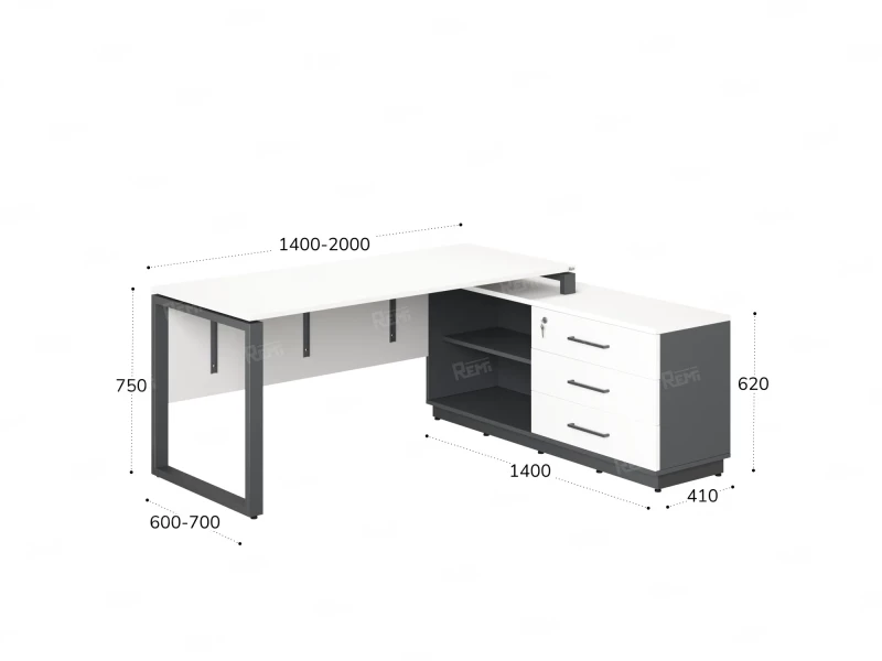 Стол прямой с тумбой R, ЛДСП экран, О-опора 2000x1400x750 RM012R-20x7 Белый/Серый