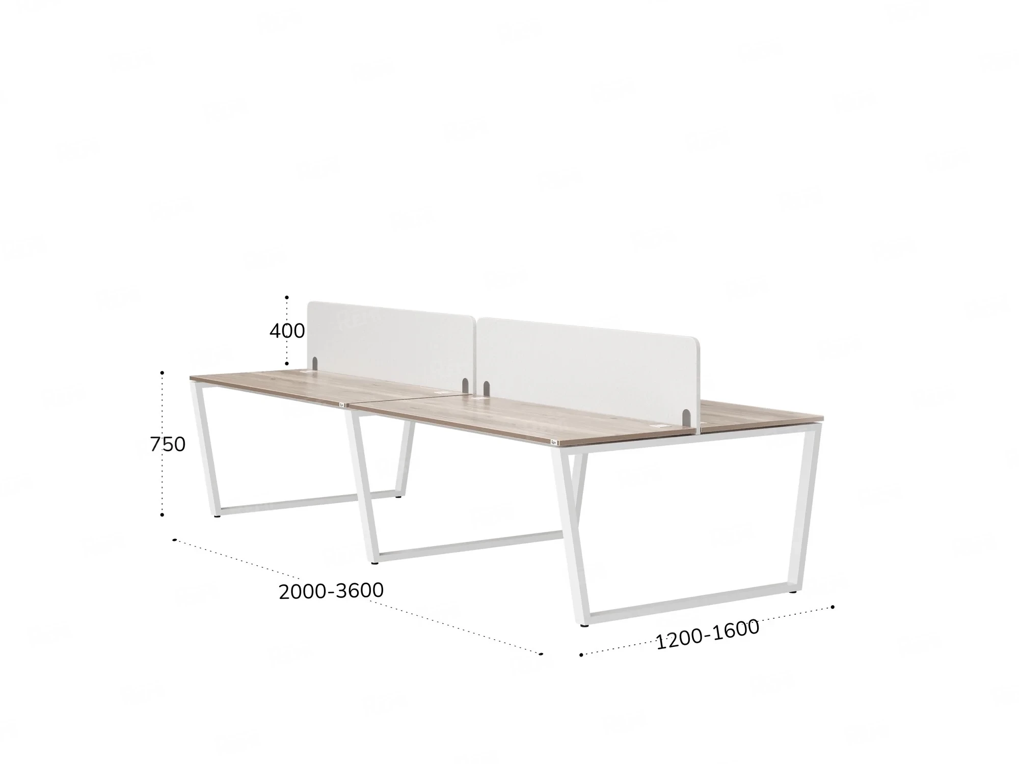 Бенч-система, 4 рабочих места, на U-образных опорах, 2 тканевых экранов 2400x1600x750 RM173-3-12x16 Дуб Маувелла/Белый
