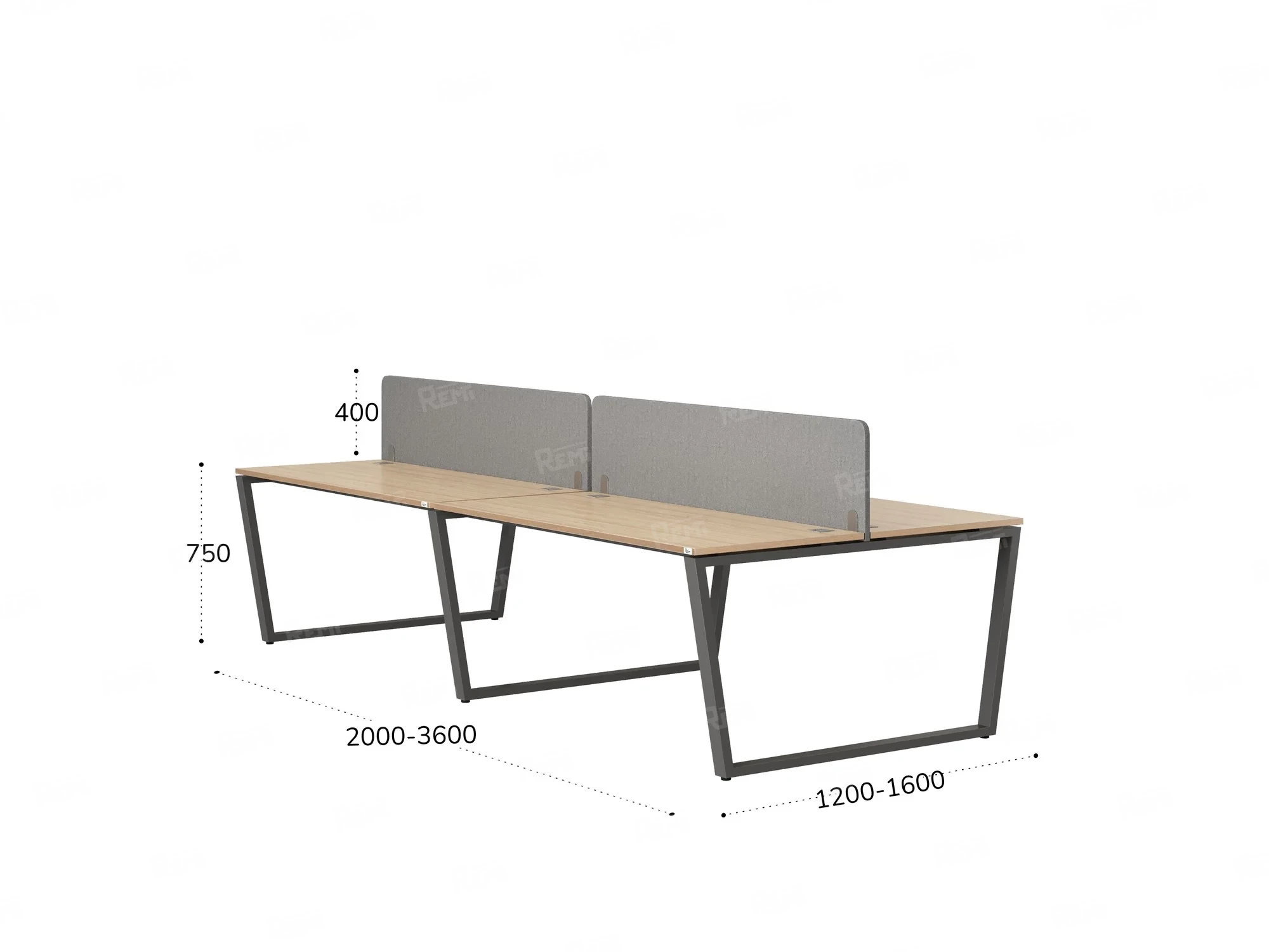 Бенч-система, 4 рабочих места, на U-образных опорах, 2 тканевых экранов 3600x1200x750 RM173-3-18x12 Вяз Швейцарский светлый/Серый