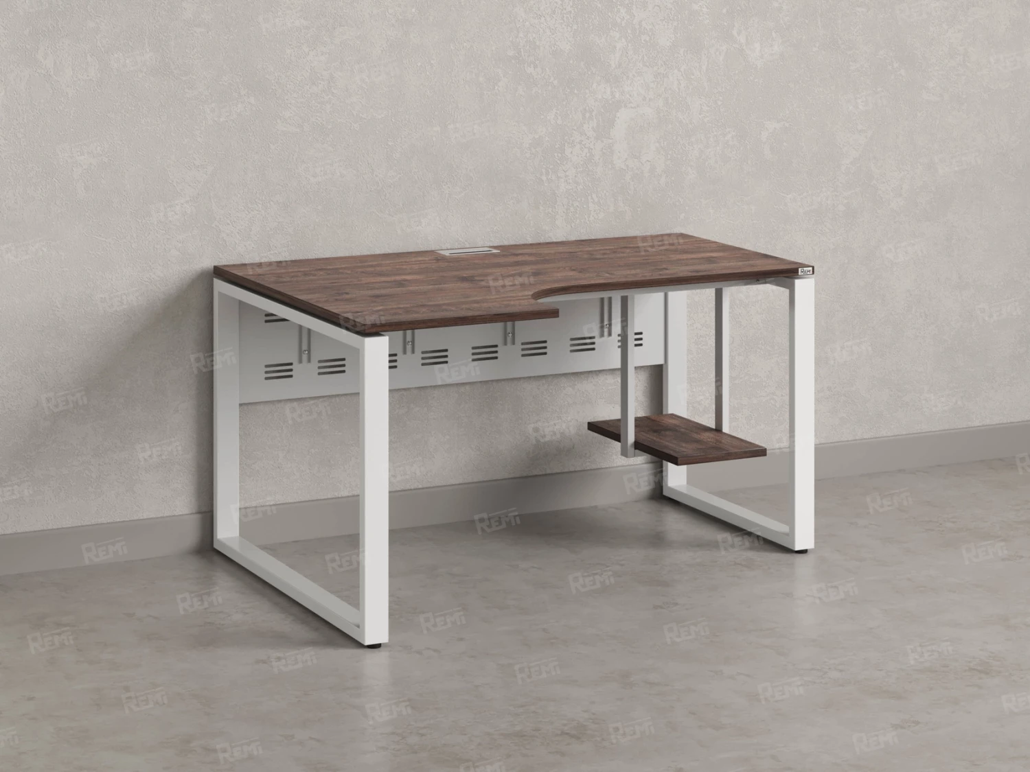 Стол угловой, экран металл, О-опора, левый 1600x700/900x750, RM056-16x7-9 Дуб Апрельский шоколад/Белый