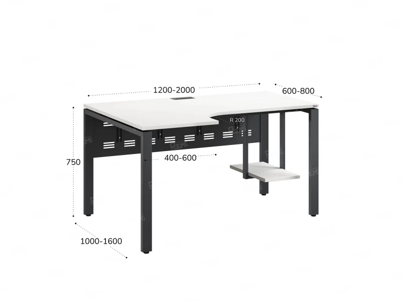 Стол угловой, экран металл, П-опора, левый 1800x600/900x750, RM059-18x6-9 Белый/Серый