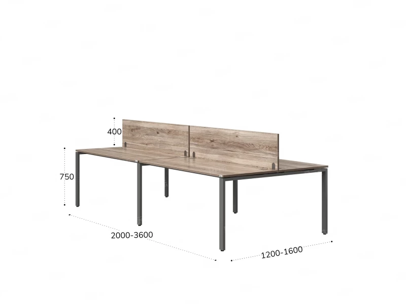 Бенч-система, 4 рабочих места, на П-образных опорах, 2 ЛДСП экранов 3200x1400x750 RM166-4-16x14 Дуб Маувелла/Серый