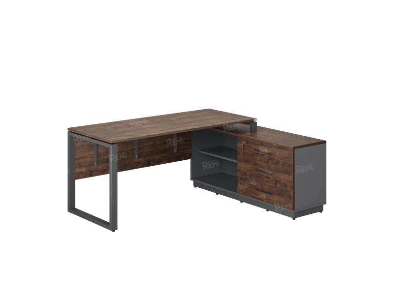 Стол прямой с тумбой R, ЛДСП экран, О-опора 1400x1400x750 RM012R-14x6 Дуб Апрельский шоколад/Серый