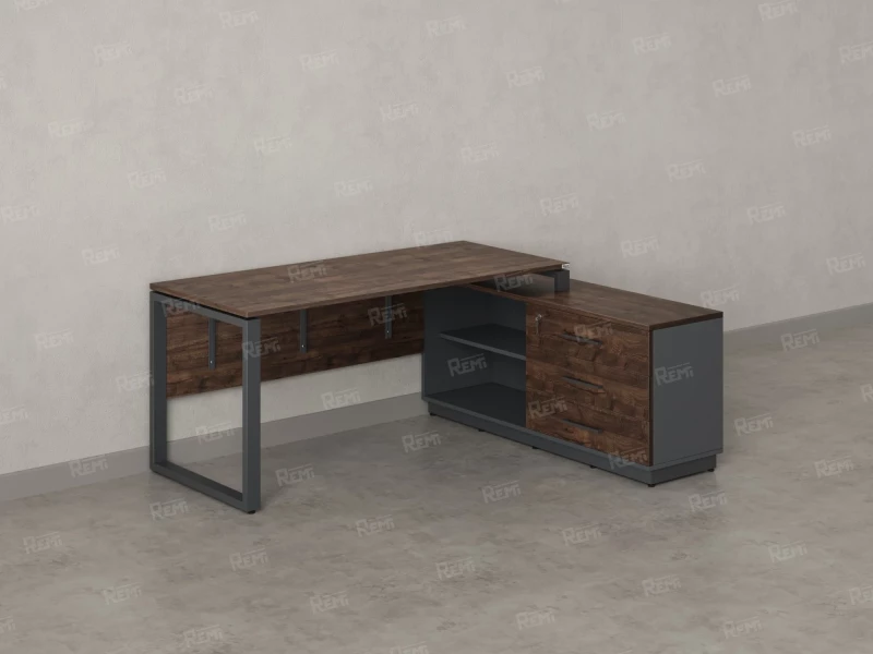 Стол прямой с тумбой R, ЛДСП экран, О-опора 1400x1400x750 RM012R-14x6 Дуб Апрельский шоколад/Серый