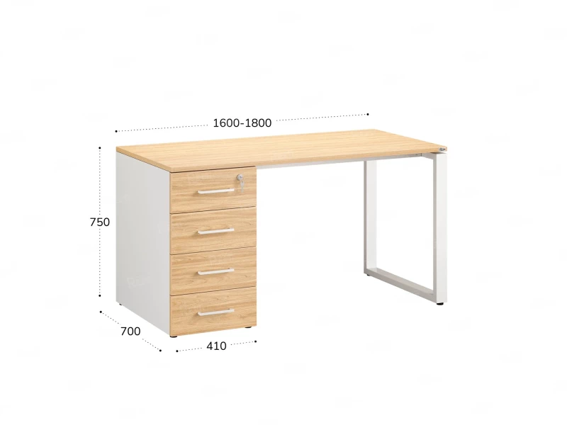 Стол прямой с тумбой на О-образных опоре, левый 1600x700x750 RM104-16x7 Вяз Швейцарский светлый/Белый
