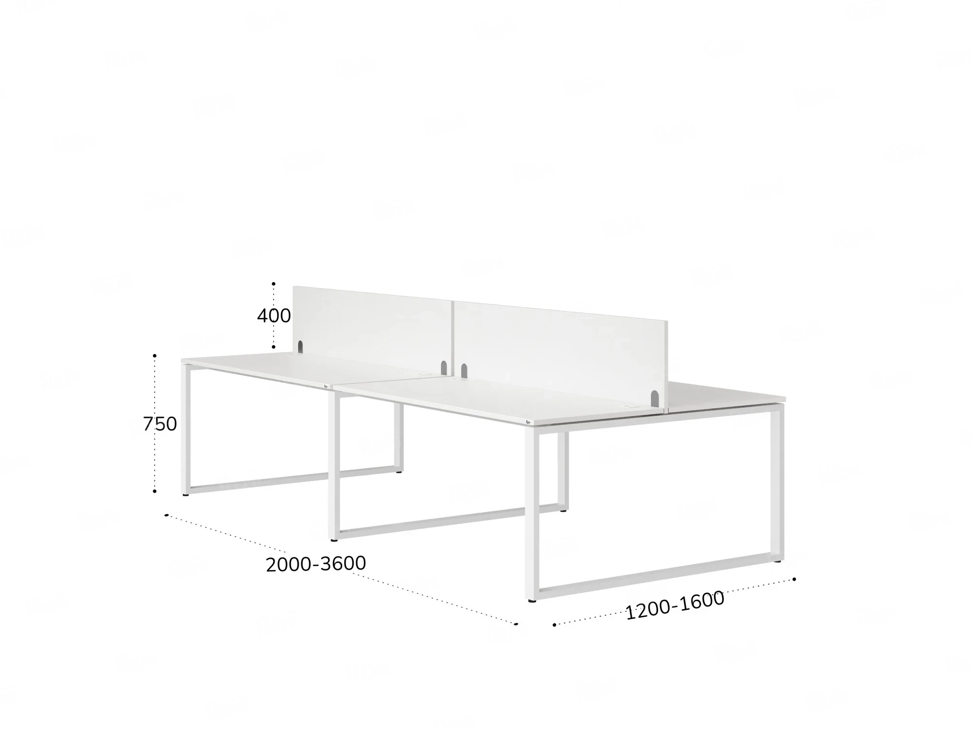 Бенч-система, 4 рабочих места, на О-образных опорах, 2 ЛДСП экранов 3600x1600x750 RM170-4-18x16 Белый/Белый