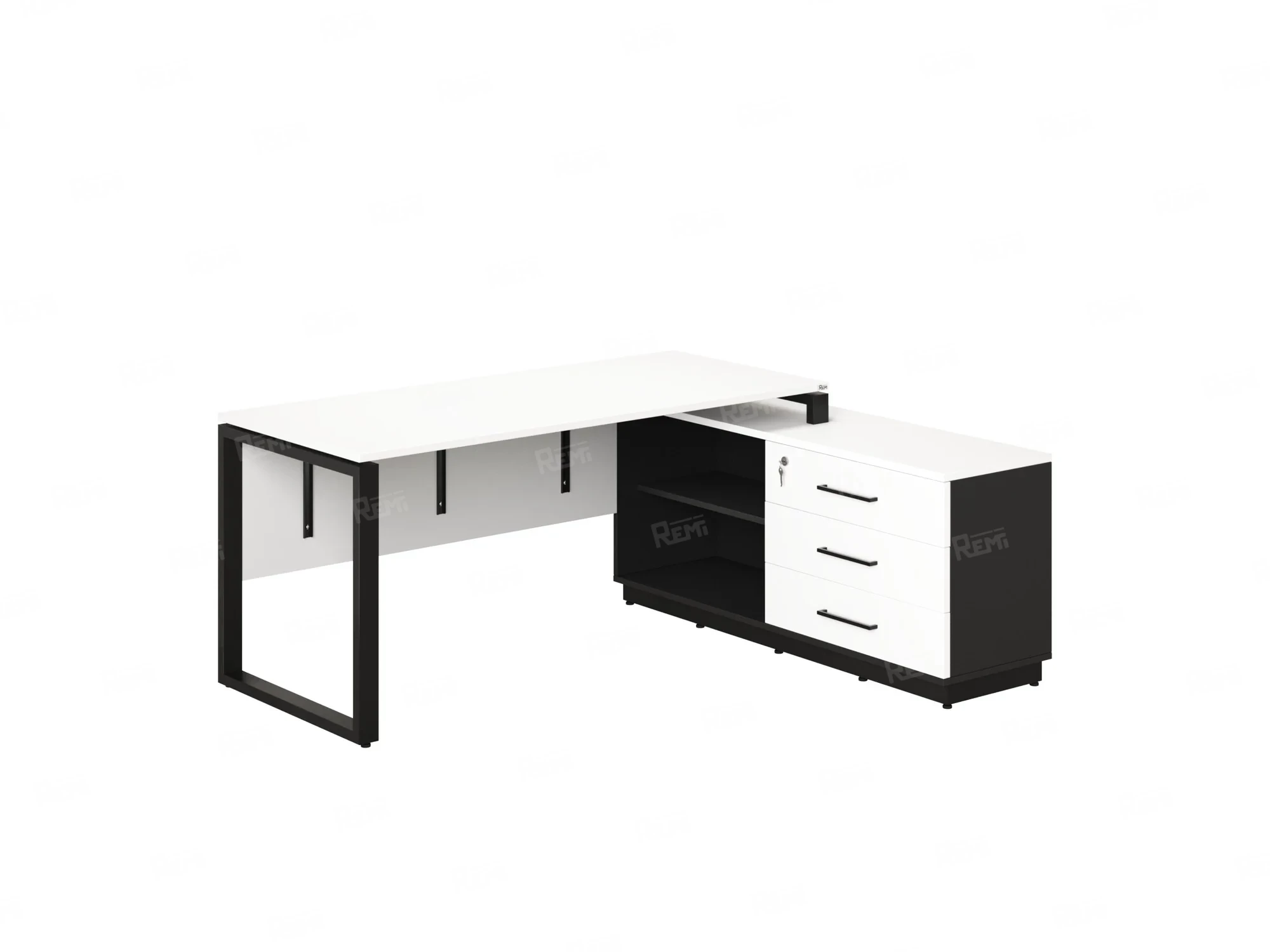 Стол прямой с тумбой R, ЛДСП экран, О-опора 2000x1400x750 RM012R-20x7 Белый/Черный