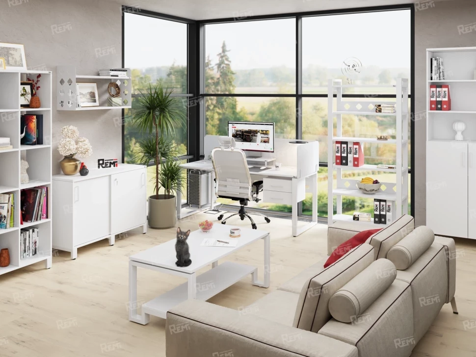 Стол прямой с подвесной тумбой 2 ящика, П-опора 1800x800x750 RM039-18x8 Белый/Белый