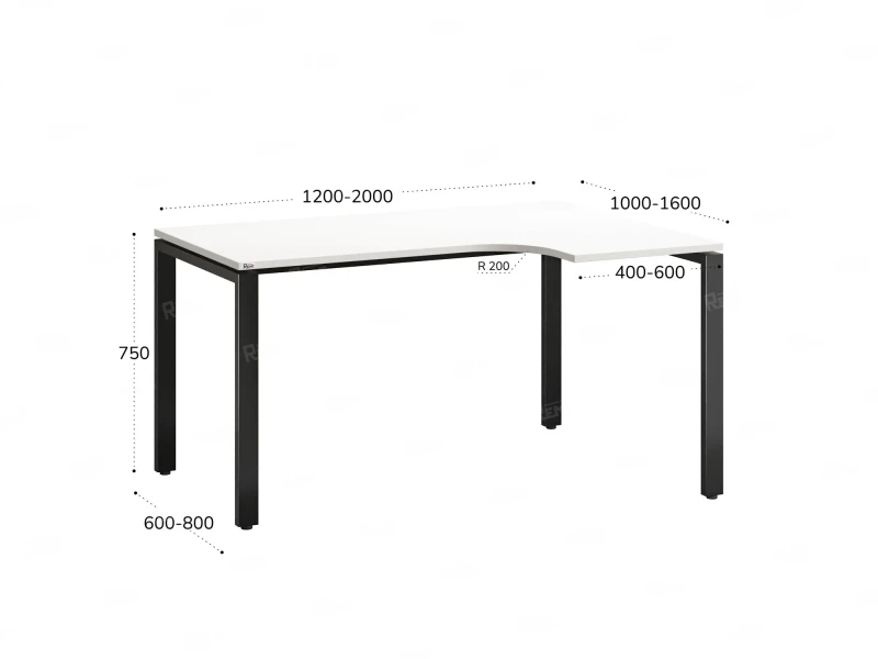 Стол угловой, П-опора, правый 1600x600/900x750, RM052-16x6-9 Белый/Черный