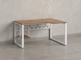 Стол угловой, экран металл, О-опора, правый 1600x800/1000x750, RM057-16x8-10 Дуб Юстус/Белый