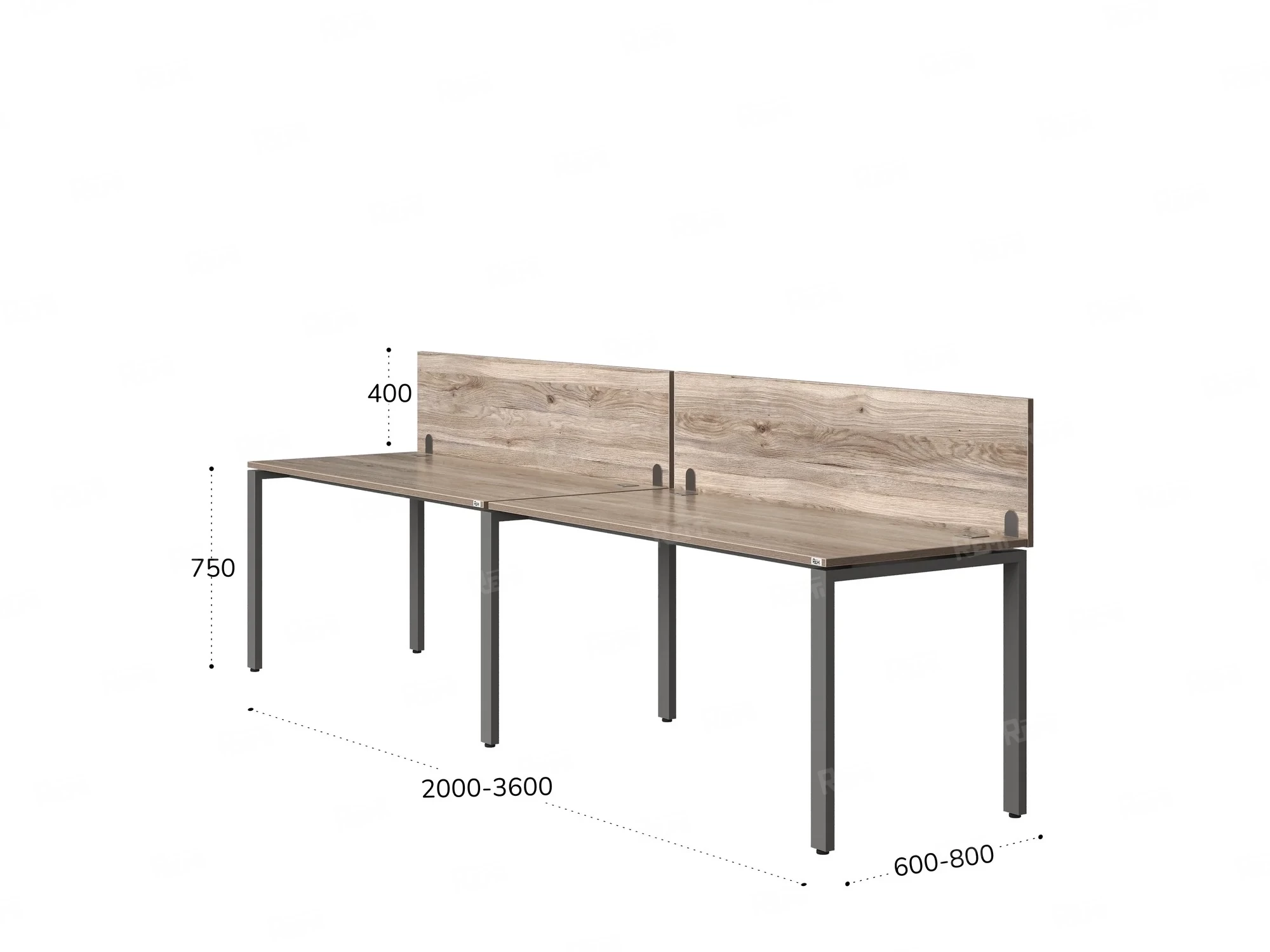 Бенч-система в 1 ряд, 2 рабочих места 2 ЛДСП экранов 3200x700x750 RM167-4-32x7 Дуб Маувелла/Серый