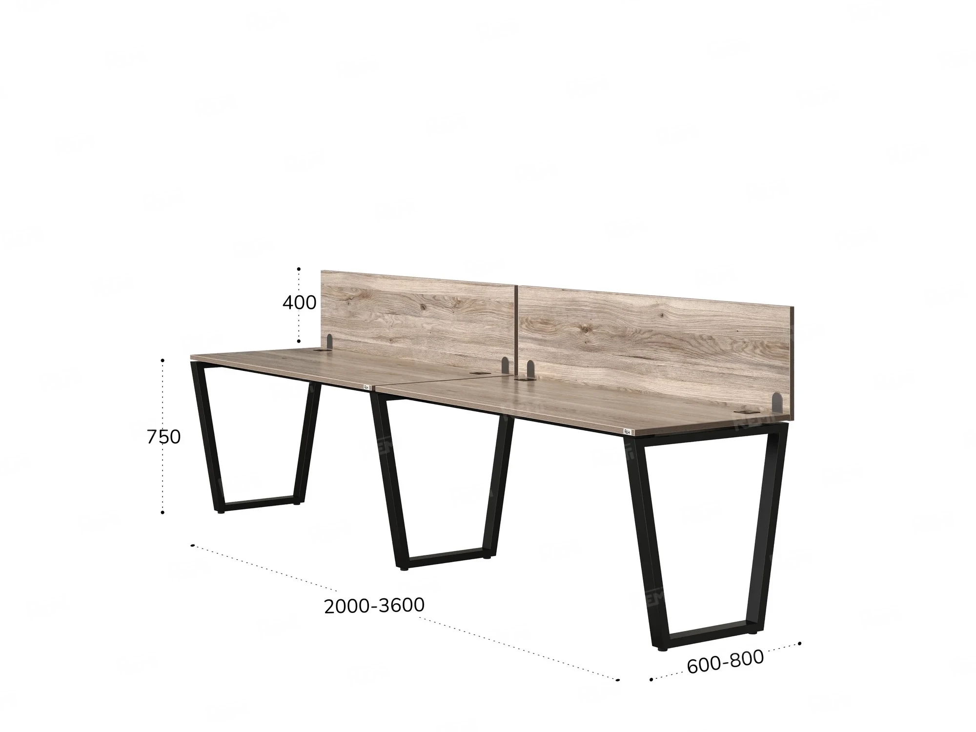 Бенч-система в 1 ряд, 2 рабочих места 2 ЛДСП экранов 3200x700x750 RM174-4-32x7 Дуб Маувелла/Черный