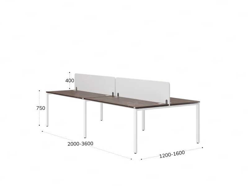 Бенч-система, 4 рабочих места, на П-образных опорах, 2 тканевых экранов 3600x1200x750 RM166-3-18x12 Дуб Апрельский шоколад/Белый