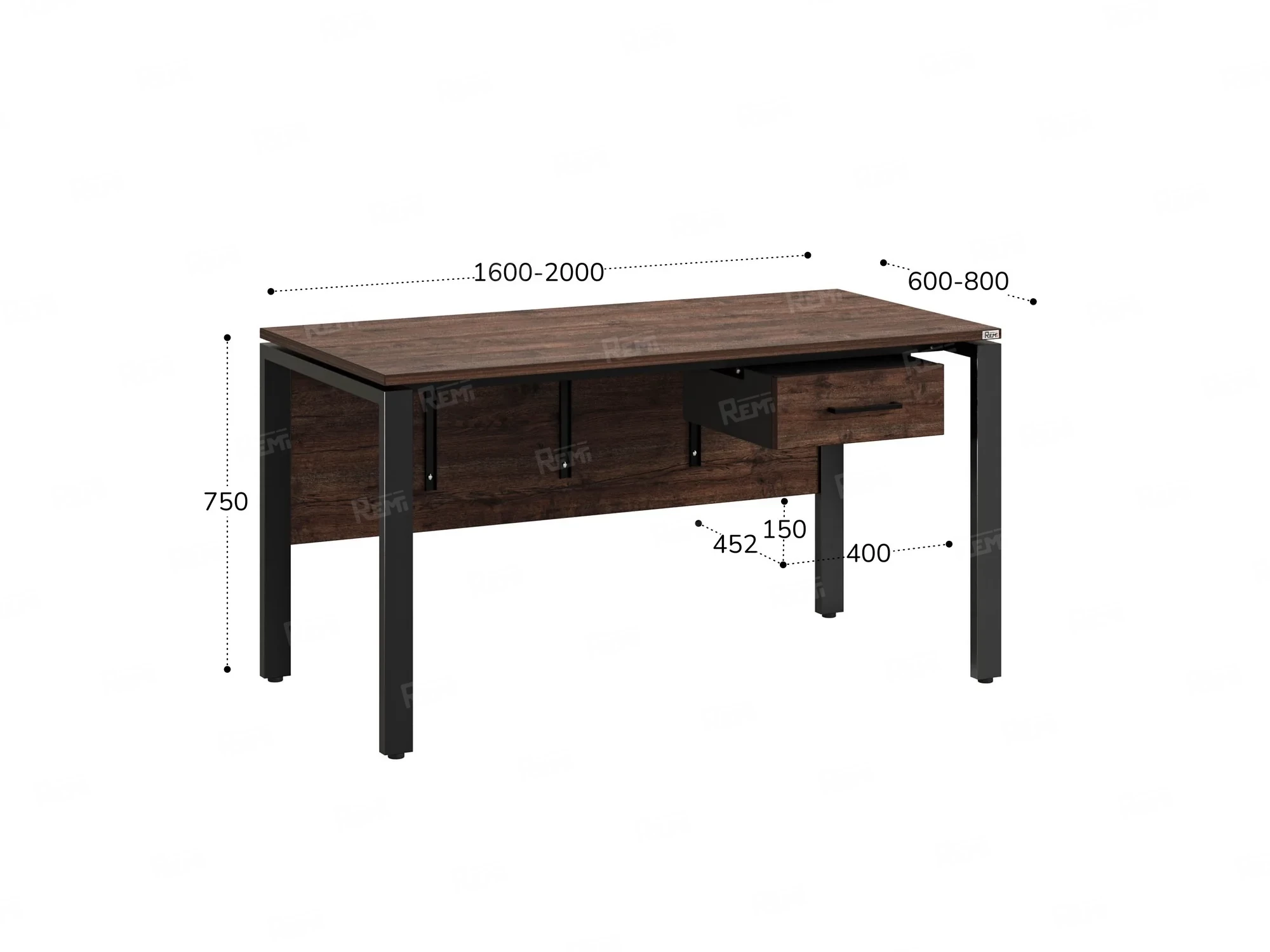 Стол прямой, подвесная тумба, ЛДСП экран, П-опора 1600x600x750 RM030-16x6 Дуб Апрельский шоколад/Черный