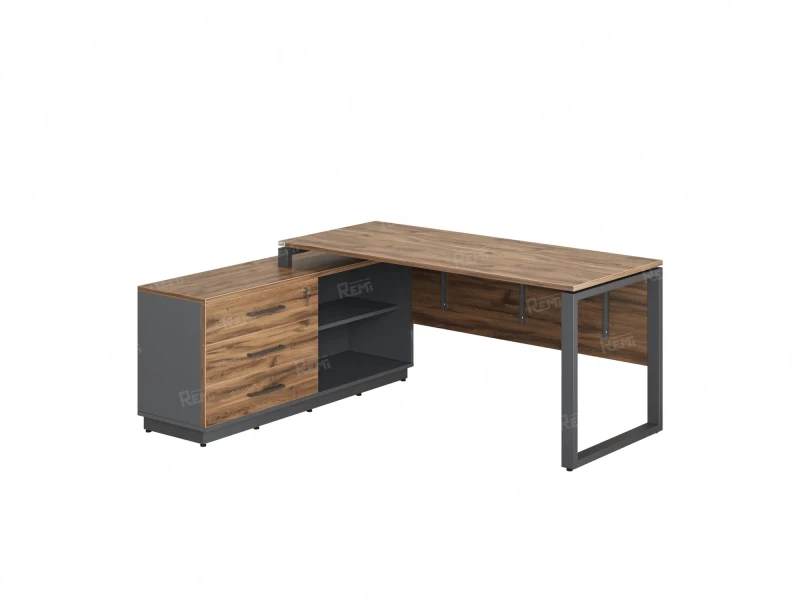 Стол прямой с тумбой L, ЛДСП экран, О-опора 1400x1400x750 RM013L-14x7 Дуб Юстус/Серый