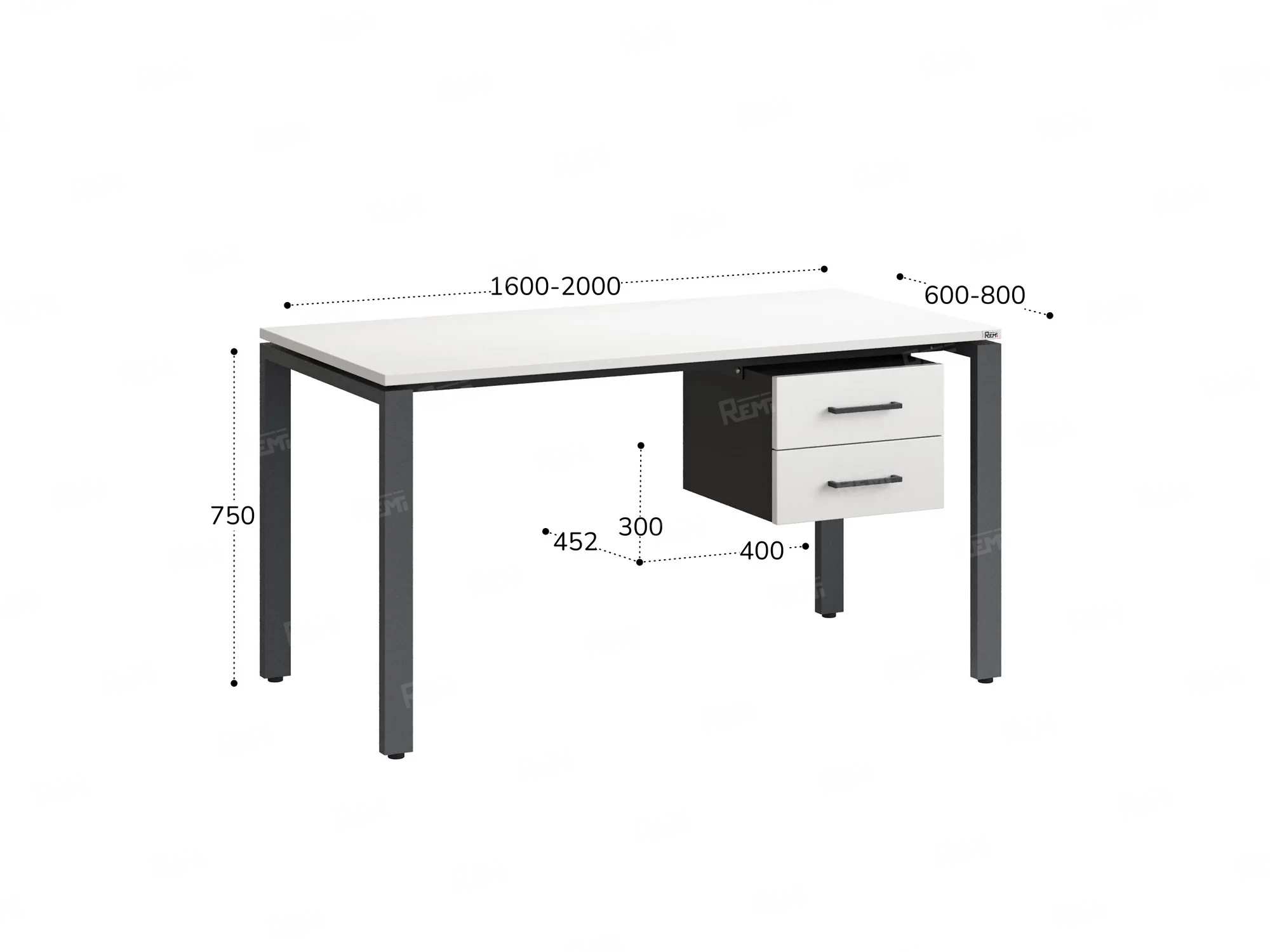 Стол прямой с подвесной тумбой 2 ящика, П-опора 1800x800x750 RM039-18x8 Белый/Серый