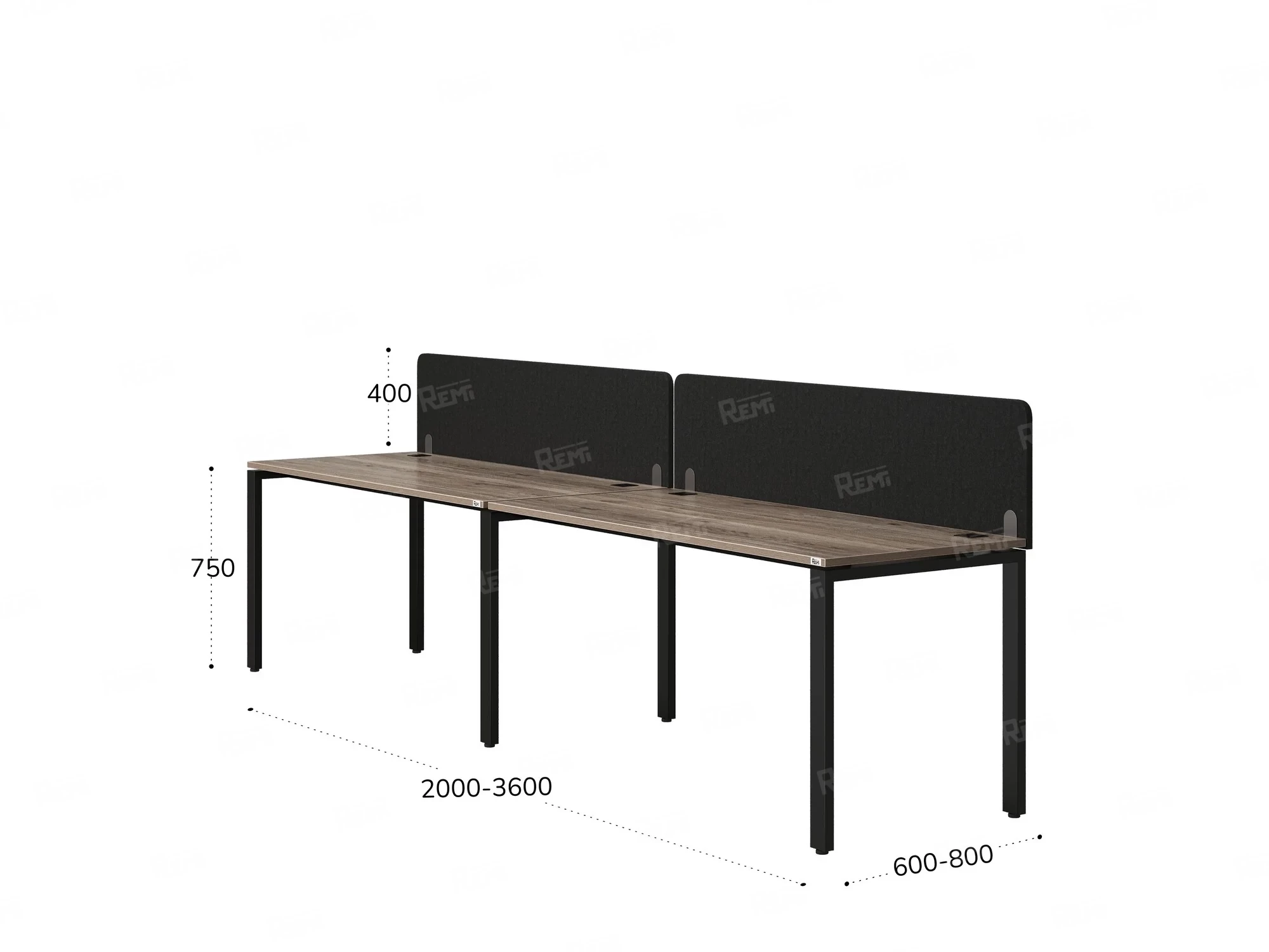 Бенч-система в 1 ряд, 2 рабочих места 2 тканевых экранов 2400x800x750 RM167-3-24x8 Дуб Маувелла/Черный