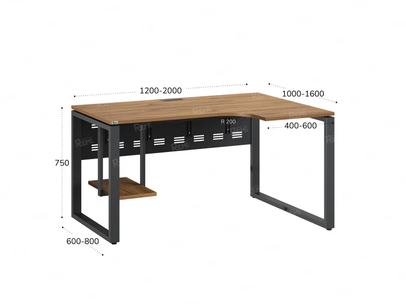 Стол угловой, экран металл, О-опора, правый 1600x800/1000x750, RM057-16x8-10 Дуб Юстус/Серый