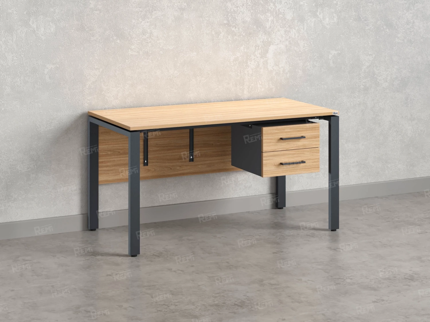 Стол прямой, подвесная тумба, ЛДСП экран, П-опора 2000x600x750 RM031-20x6 Вяз Швейцарский светлый/Серый