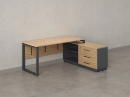 Стол прямой с тумбой R, ЛДСП экран, О-опора 2000x700x750 RM012R-20x7 Вяз Швейцарский светлый/Серый