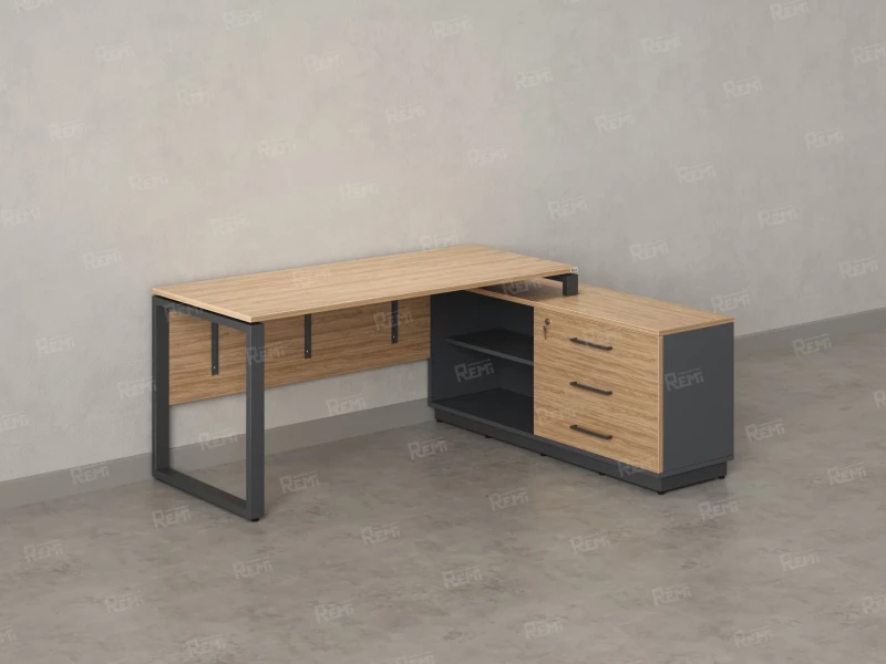 Стол прямой с тумбой R, ЛДСП экран, О-опора 2000x1400x750 RM012R-20x7 Вяз Швейцарский светлый/Серый