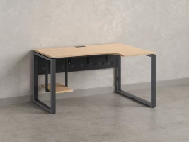 Стол угловой, экран металл, О-опора, правый 1400x600/900x750, RM057-14x6-9 Вяз Швейцарский светлый/Серый