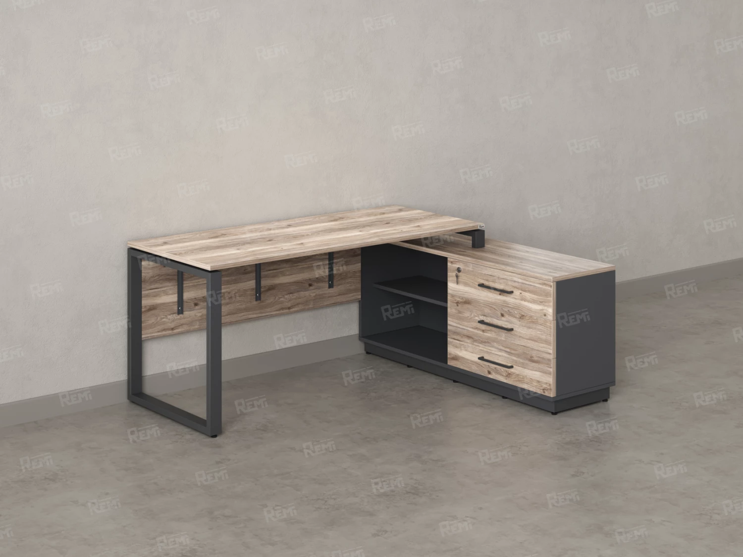 Стол прямой с тумбой R, ЛДСП экран, О-опора 1400x600x750 RM012R-14x6 Дуб Маувелла/Серый