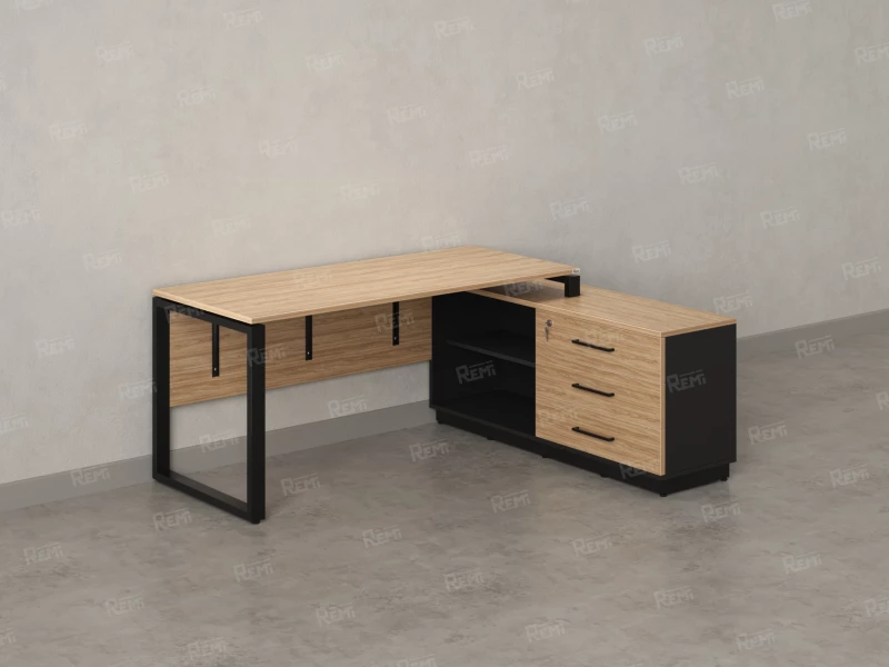 Стол прямой с тумбой R, ЛДСП экран, О-опора 2000x1400x750 RM012R-20x7 Вяз Швейцарский светлый/Черный