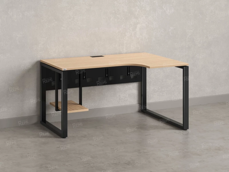 Стол угловой, экран металл, О-опора, правый 1400x600/900x750, RM057-14x6-9 Вяз Швейцарский светлый/Черный